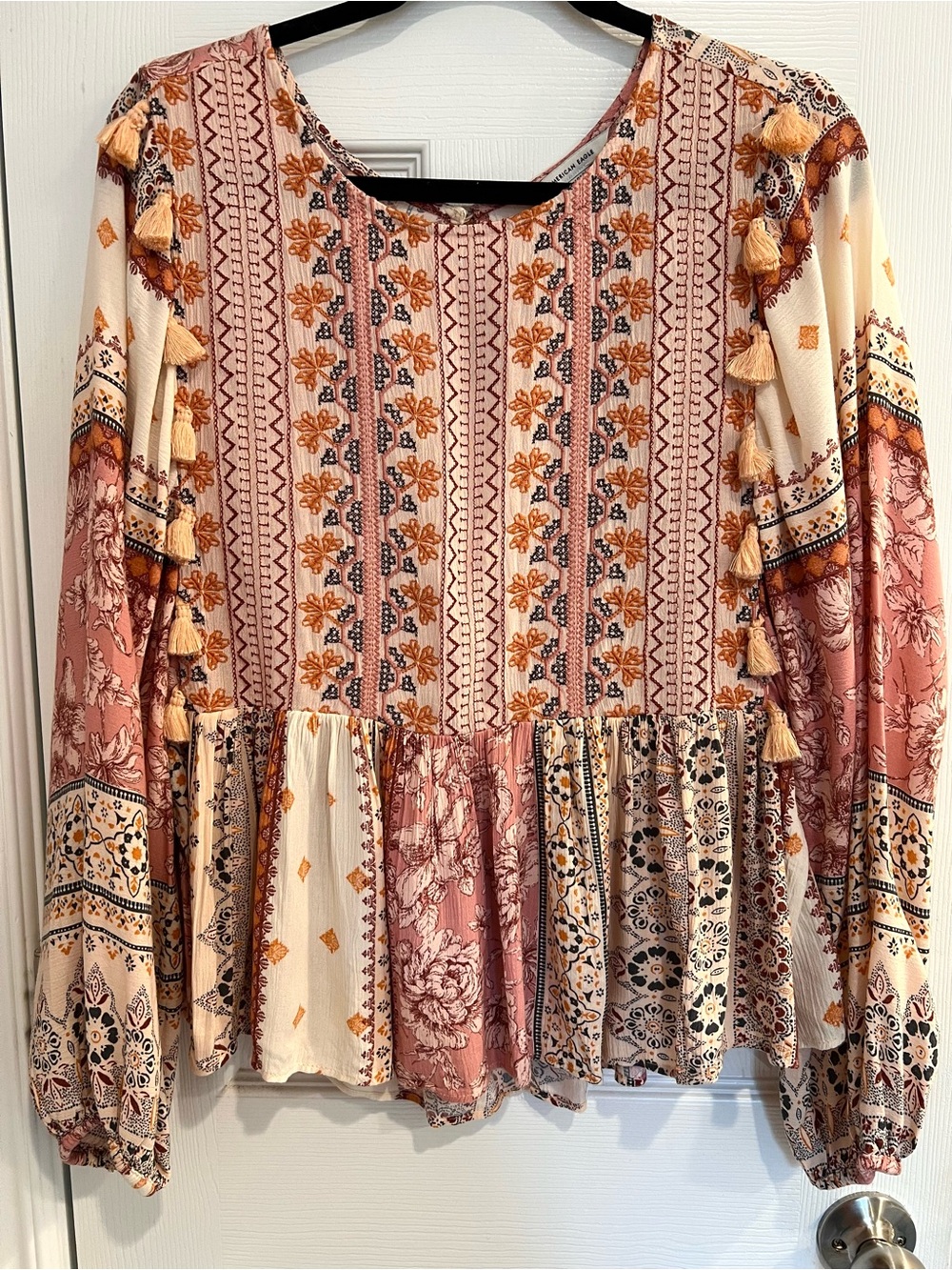 American Eagle Boho Mixed Print Crinkle Peplum Blouse Top Embroidered Pink Cream